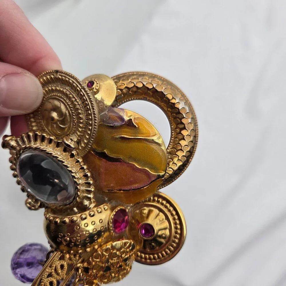 Vintage Maximalist Assemblage Brooch - Gold Tone with Purple Dangle Charms